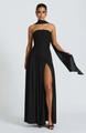 Detail of elegant black strapless maxi dress with side slit and matching neck scarf - S / Bottoms / Black