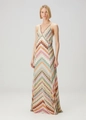 Close-up of bohemian chevron knit pattern on a multi-color halter neck maxi dress - XS / Rainbow