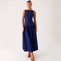 Vestido largo sin mangas azul oscuro con botones y elegante falda plisada - S / Azul oscuro