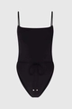 Detail view of black off-shoulder bodysuit with drawstring and silver metal hardware - XS / Black Top