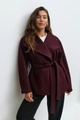 Detail of burgundy wool coat with a tied waist belt and large lapels for winter - S / Burgundy