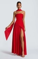 Elegant red tube top dress with high slit and matching neck scarf for women - S / Bottoms / Red