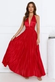 Detail der roten plissierten Satinrobe mit tiefem V-Ausschnitt und Metallic-Effekt - S / Rot