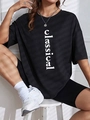 Dames zwart oversized T-shirt met verticale classical opdruk en ronde hals katoenen stof - S / Zwart