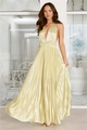 Détail de la robe de soirée plissée champagne avec col en V profond et satiné - S / Light jaune