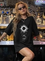 Oversized black cotton T-shirt with celestial totem print in an industrial setting - S / Black