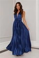 Detail of elegant navy blue pleated satin maxi dress with luxurious glossy texture - S / Dark Blue