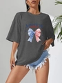 Oversized dark grey t-shirt with American GIRLY bow print and relaxed fit for women - S / Gray