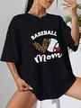 T-shirt nera da donna oversize con stampa Baseball Mom e grafica cuore leopardato - S / Nero