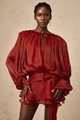 Elegant wine red pleated dress with puff sleeves and refined tie neckline detail - S / Burgundy