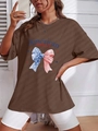 Brown oversized cotton T-shirt with American GIRLY print and bow, retro street style design - S / Coffee