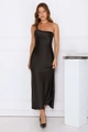 Robe longue élégante en satin noir à une épaule avec fente haute et fini brillant - XS / Noir