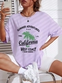 Women's light purple oversized California graphic T-shirt with palm tree print style - S / Purple