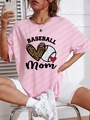 T-shirt da donna oversize rosa con stampa Baseball Mom e cuore maculato leopardato - S / Rosa