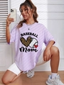 Women's light purple oversized crewneck T-shirt with baseball mom leopard heart print - Purple