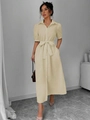 Elegante vestido camisero beige de manga corta con botones y cinturón de lazo - S / Amarillo claro