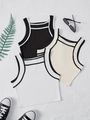 Women's slim fit square neck sleeveless crop tops in black, beige and white colors - L / Black White And Beige Tops