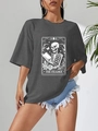 Dark grey oversized T-shirt with The Reader skeleton tarot print and blue denim shorts - S / Gray