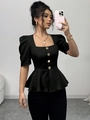Elegante zwarte top met vierkante hals, pofmouwen en goudkleurige knopen erop - S / Zwart