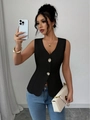 Women's chic black V-neck sleeveless blazer vest with decorative gold buttons - S / Black