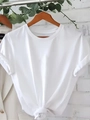 Women's white crewneck short sleeve T-shirt with rolled cuffs and casual front knot detail - S / White