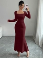 Elegant wine red square neck long sleeve bodycon maxi dress with ruched fishtail hem - XS / Burgundy