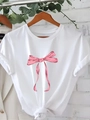 T-shirt blanc décontracté pour femme avec col rond et imprimé nœud rose en coton - S / Blanc