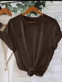 Minimalist dark brown crewneck t-shirt featuring a decorative front knot hem and rolled sleeves - S / Coffee