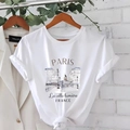 Weißes Baumwoll-T-Shirt mit Rundhalsausschnitt, braunem Paris-Grafikdruck und Krempelärmeln - S / Weiß