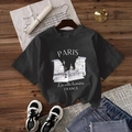 Women's black cotton crewneck T-shirt with white Paris landscape print and casual fit - S / Black