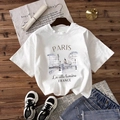 White crew neck cotton T-shirt featuring vintage Paris street illustration for women - S / White