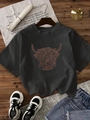 Charcoal grey crewneck T-shirt with orange highland cow print on dark wooden background - S / Dark Gray