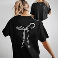 Women's black casual round neck T-shirt featuring a white minimalist bow print on the back - S / Black