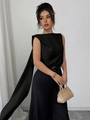 Elegant sleeveless black satin shirt with decorative flowing sash and wide leg pants - S / Black