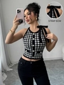 Top a lupetto sexy con motivo pied de poule bianco e nero, fiocco e bottoni perla - S / Nero