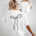 White loose short sleeve T-shirt with black bow graphic print on the back for women - S / White