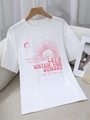 Casual wit T-shirt met ronde hals en roze zonsondergang grafische print voor dames - S / Wit