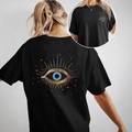 Damen T-Shirt in Schwarz mit blauem Evil Eye Print auf dem Rücken und der Brust, lässig - S / Schwarz