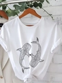 T-shirt blanc femme en coton avec imprimé minimaliste de requins-baleines et cœur - S / Blanc
