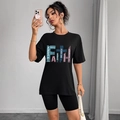Damen Set aus schwarzem T-Shirt und Shorts mit Faith-Bibelvers-Grafikdruck - S / Schwarz