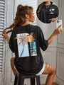 Women's black casual t-shirt featuring tropical palm tree back print and sunshine paradise text - S / Black