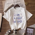 White minimalist cotton T-shirt featuring purple I AM A CHILD OF GOD religious print - S / White