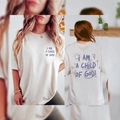 Women's beige cotton crew neck T-shirt with purple Child of God religious print - White