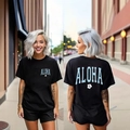 Zwarte casual t-shirtset met korte mouwen met blauwe Aloha-tekst en hibiscusprint - S / Zwart
