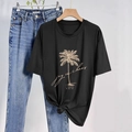 Zwart losvallend dames T-shirt met palmboomprint en detail met geknoopte zoom - S / Zwart