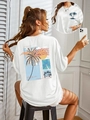 White crew neck T-shirt featuring a tropical palm tree and sunset print on the back - S / White