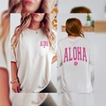 Oversized crème T-shirt met roze Aloha-print en bloemmotieven op voor- en achterkant - S / Wit