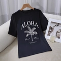 Women's black cotton t-shirt featuring Aloha palm tree print and Good Vibes quote - S / Black