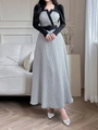 Robe élégante en tweed à manches longues avec col carré, motif à carreaux et ceinture noire - S / Noir
