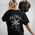 Oversized black t-shirt with ALOHA palm tree print and Good Vibes back graphic - S / Black